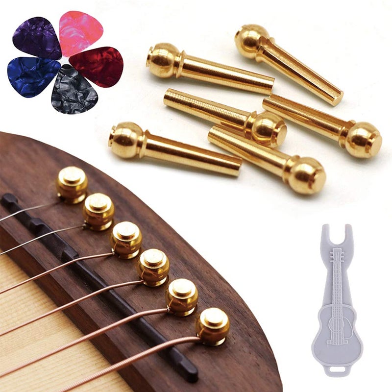 Kimlong Guitar Bridge Pins 6pcs Pure Brass Endpin for Acoustic Guitar 6 Strings Nail Pegs Fixed Cone, Replacement Parts with Bridge Pin Puller Remover & 5 Guitar Picks - Kimlong - Image 1